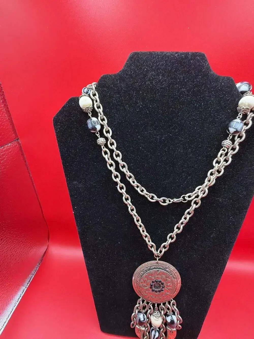 Boho Silver-Tone Multi-Chain Necklace With Ornate Medallion Pendants